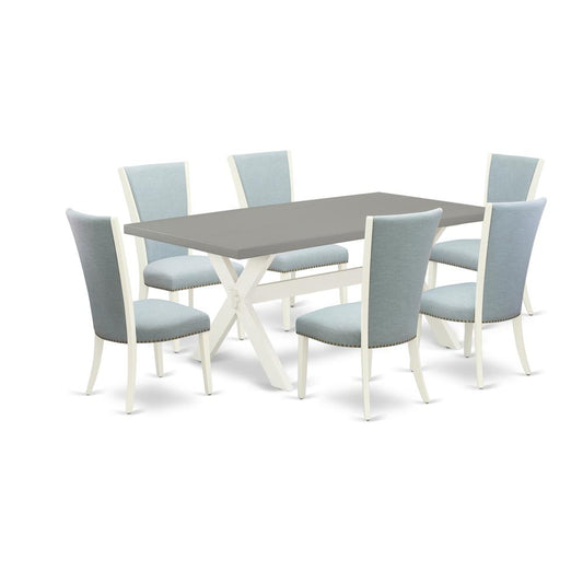 7 Piece Dining Table Set - 6 Baby Blue Linen Fabric Dining Room Chairs By East West Furniture | Dining Sets | Modishstore