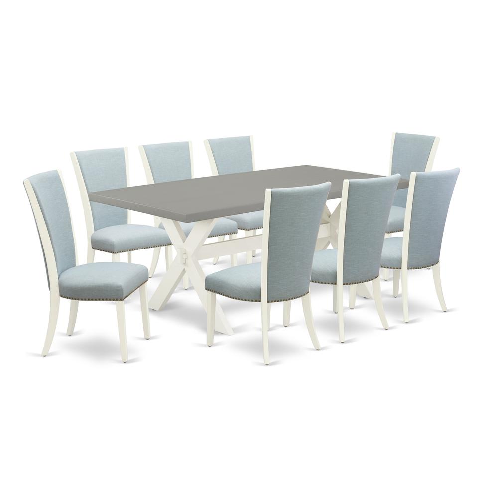 9 Piece Kitchen Table Set - 8 Baby Blue Linen Fabric Dinning Room Chairs By East West Furniture | Dining Sets | Modishstore