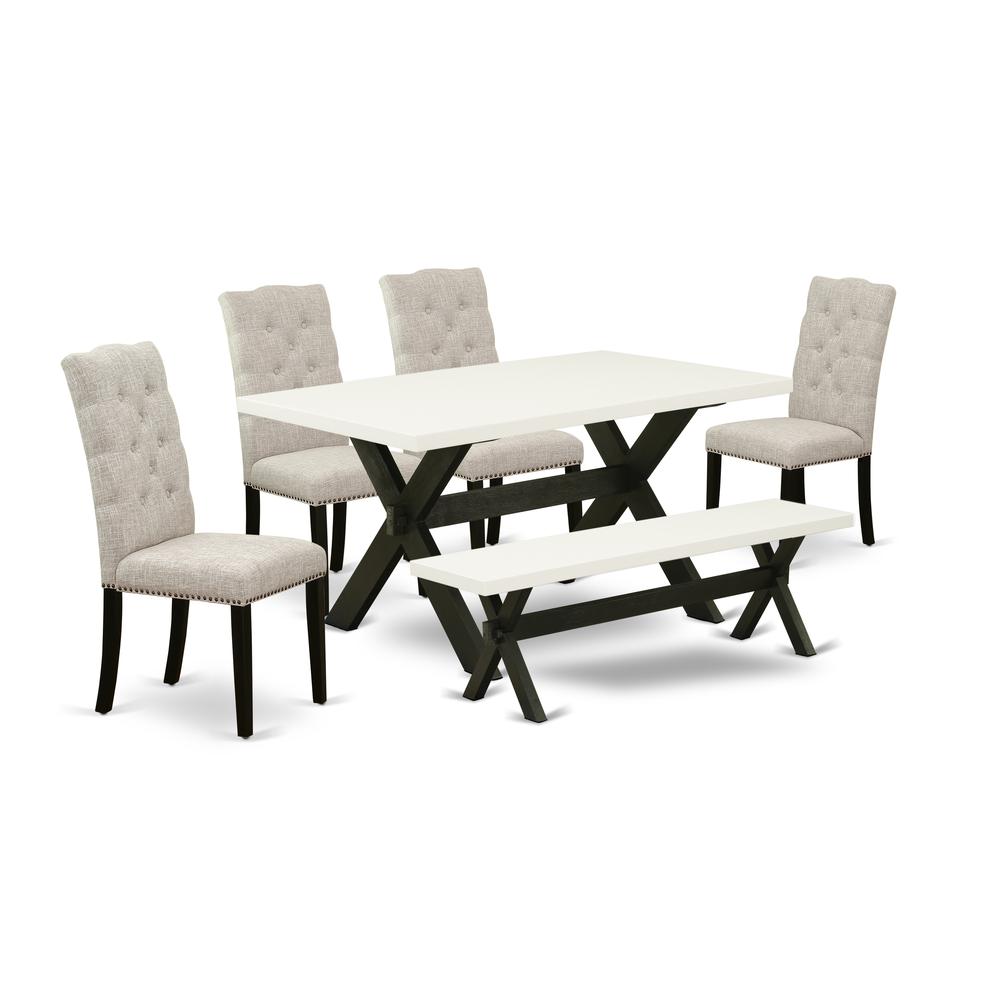 6-Pc Dining Room Table Set-Doeskin Linen Fabric Seat And Button Tufted Chair Back Parson Chairs, A Rectangular Bench And Rectangular Top Mid Century Dining Table By East West Furniture | Dining Sets | Modishstore
