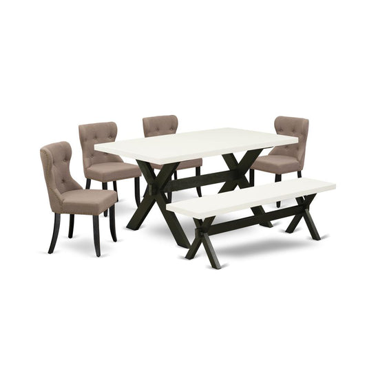 6-Pc Kitchen Dinette Set-Coffee Linen Fabric Seat And Button Tufted Back Dining Chairs And Rectangular Top Living Room Table And Wooden Bench By East West Furniture | Dining Sets | Modishstore