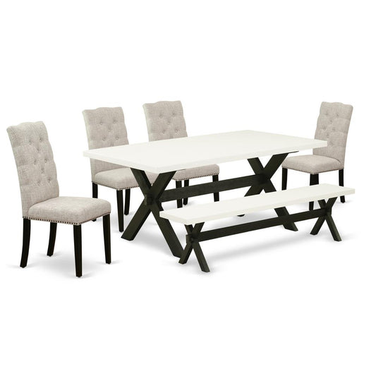 6-Piece Mid Century Dining Table Set-Doeskin Linen Fabric Seat And Button Tufted Chair Back Upholstered Dining Chairs, A Rectangular Bench And Rectangular Top Dining Table By East West Furniture | Dining Sets | Modishstore