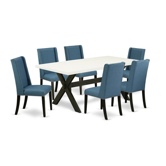 7-Piece Fashionable Dinette Set A Superb Linen White Modern Dining Table Top And 6 Attractive Linen Fabric Solid Wood Leg Chairs By East West Furniture | Dining Sets | Modishstore