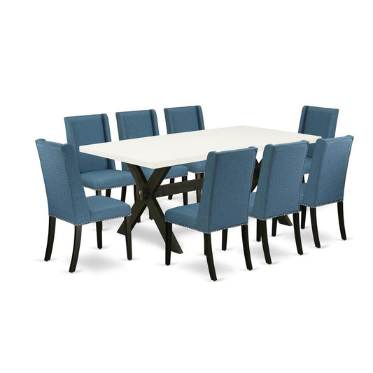 9-Piece Stylish Rectangular Dining Room Table Set A Great Cement Color Kitchen Rectangular Table Top And 8 Beautiful Linen Fabric Parson Dining Room Chairs By East West Furniture | Dining Sets | Modishstore