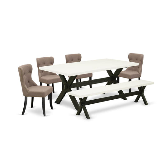 6-Pc Mid Century Dining Table Set-Coffee Linen Fabric Seat And Button Tufted Back Parson Chairs And Rectangular Top Dinette Table And Wooden Bench By East West Furniture | Dining Sets | Modishstore