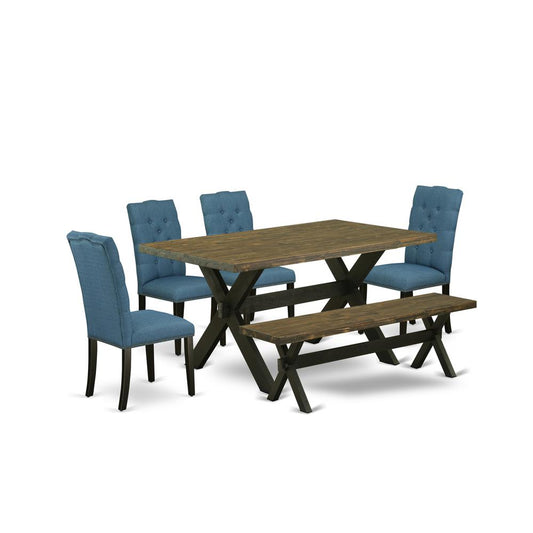 6-Piece Awesome Dining Room Set An Excellent Distressed Jacobean Rectangular Dining Table Top And Distressed Jacobean Bench And 4 Amazing Linen Fabric Parson Dining Cha By East West Furniture | Dining Sets | Modishstore