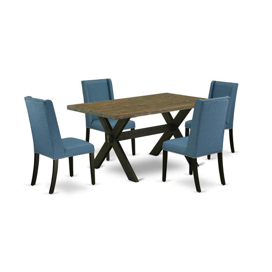 5-Piece Fashionable Dining Room Table Set A Good Distressed Jacobean Dining Room Table Top And 4 Excellent Linen Fabric Kitchen Chairs By East West Furniture | Dining Sets | Modishstore