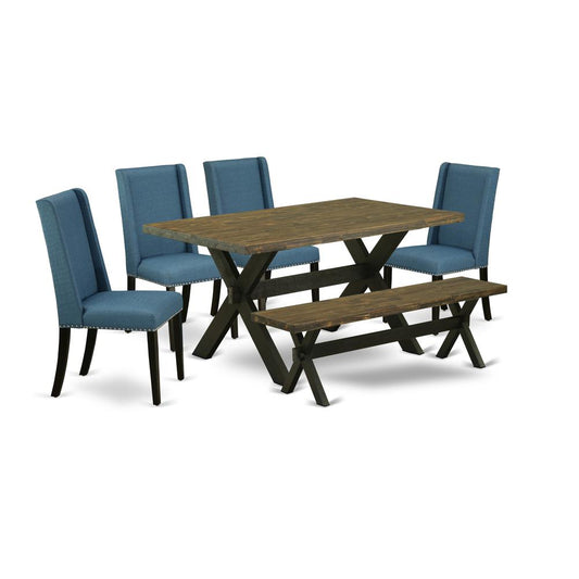 6-Piece Awesome Kitchen Table Set An Outstanding Distressed Jacobean Kitchen Rectangular Table Top And Distressed Jacobean Wood Bench And 4 Excellent Linen Fabric Kitch By East West Furniture | Dining Sets | Modishstore