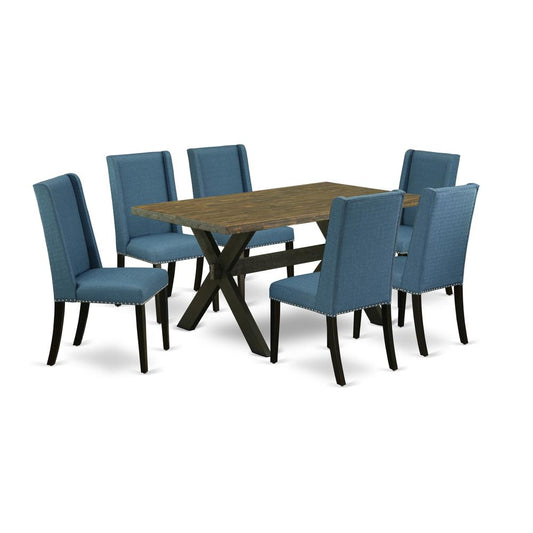 7-Piece Beautiful An Excellent Distressed Jacobean Rectangular Dining Table Top And 6 Amazing Linen Fabric Dining Chairs By East West Furniture | Dining Sets | Modishstore