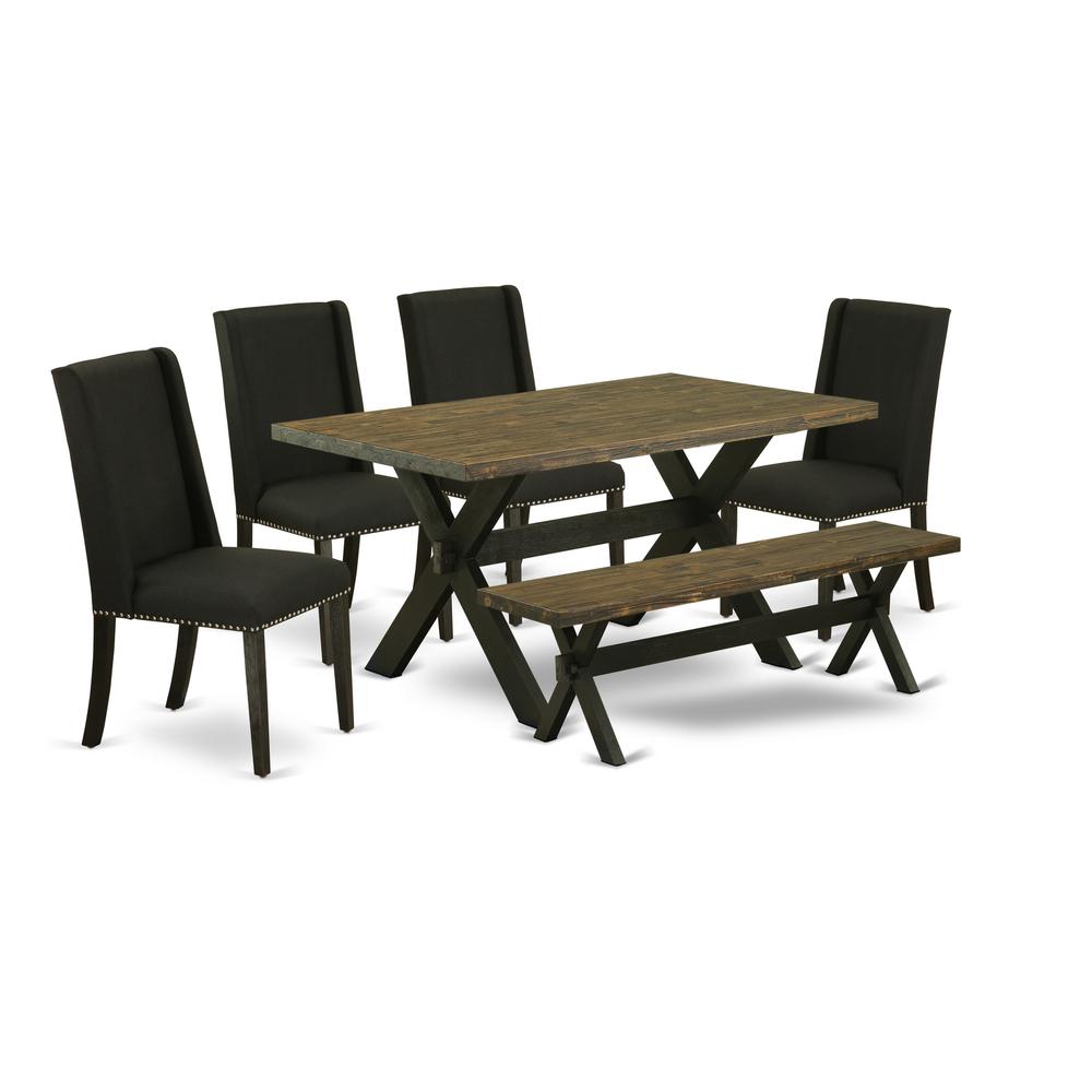6-Pc Dining Table Set-Black Linen Fabric Seat And High Stylish Chair Back Dining Room Chairs, A Rectangular Bench And Rectangular Top Modern Dining Table By East West Furniture | Dining Sets | Modishstore