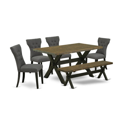 6-Pc Table Dining Set-Dark Gotham Grey Linen Fabric Seat And Button Tufted Chair Back Parson Dining Room Chairs, A Rectangular Bench And Rectangular Top Kitchen Table By East West Furniture | Dining Sets | Modishstore