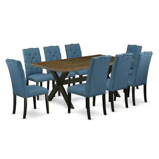 9-Piece Modern A Good Distressed Jacobean Wood Dining Table Top And 8 Stunning Linen Fabric Kitchen Chairs By East West Furniture | Dining Sets | Modishstore