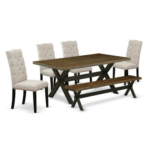6-Pc Wooden Dining Table Set-Doeskin Linen Fabric Seat And Button Tufted Chair Back Dining Chairs, A Rectangular Bench And Rectangular Top Wood Dining Table By East West Furniture | Dining Sets | Modishstore