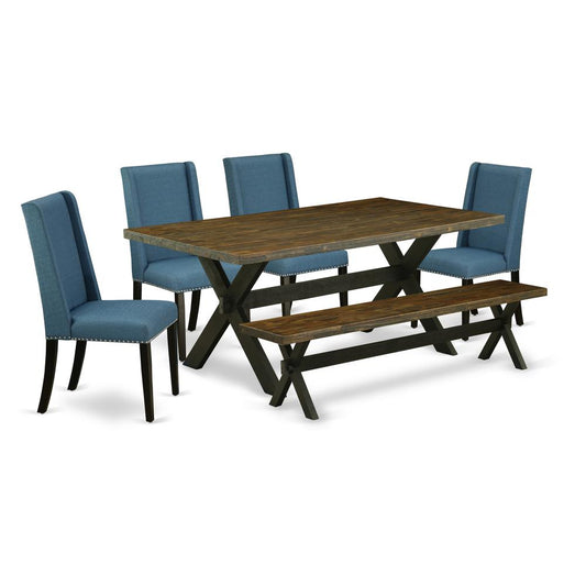 6-Piece Stylish Rectangular Table Set An Outstanding Distressed Jacobean Kitchen Rectangular Table Top And Distressed Jacobean Dining Bench And 4 Lovely Linen Fabric Di By East West Furniture | Dining Sets | Modishstore