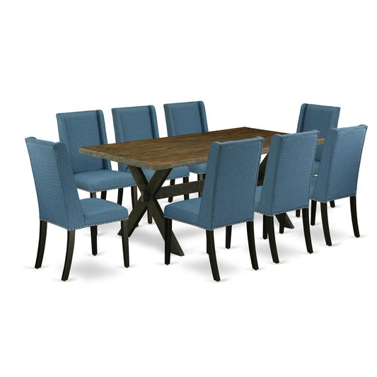 9-Piece Awesome Dining Table Set A Good Distressed Jacobean Rectangular Table Top And 8 Awesome Linen Fabric Parson Dining Room Chairs By East West Furniture | Dining Sets | Modishstore