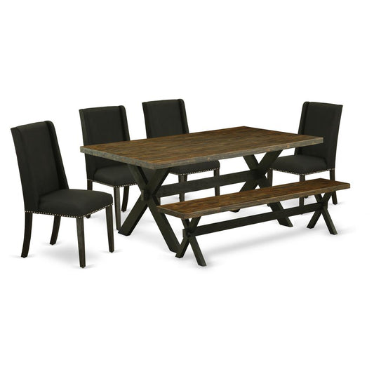 6-Piece Mid Century Dining Table Set-Black Linen Fabric Seat And High Stylish Chair Back Parson Dining Chairs, A Rectangular Bench And Rectangular Top Dining Room Table By East West Furniture | Dining Sets | Modishstore