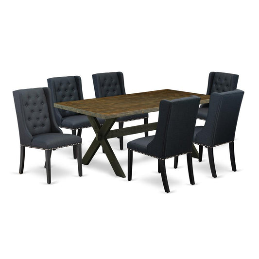 7 Pc Dining Table Set - 6 Black Linen Fabric Padded Chair Button Tufted By East West Furniture | Dining Sets | Modishstore