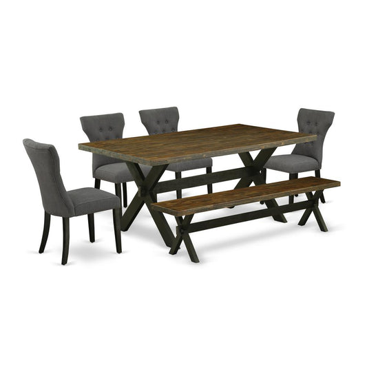 6-Piece Mid Century Dining Table Set-Dark Gotham Grey Linen Fabric Seat And Button Tufted Chair Back Parson Dining Chairs, A Rectangular Bench And Rectangular Top Wood Kitchen Tabl By East West Furniture | Dining Sets | Modishstore