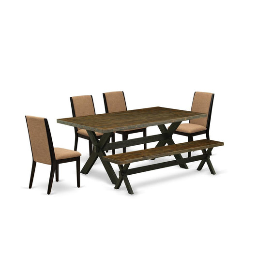 6-Piece Beautiful Dinette Set An Outstanding Distressed Jacobean Kitchen Table Top And Distressed Jacobean Indoor Bench And 4 Stunning Linen Fabric Dining Chairs By East West Furniture | Dining Sets | Modishstore