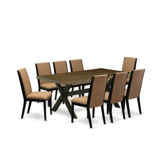 9-Piece Amazing Dining Set A Good Distressed Jacobean Wood Dining Table Top And 8 Gorgeous Linen Fabric Modern Dining Chairs By East West Furniture | Dining Sets | Modishstore