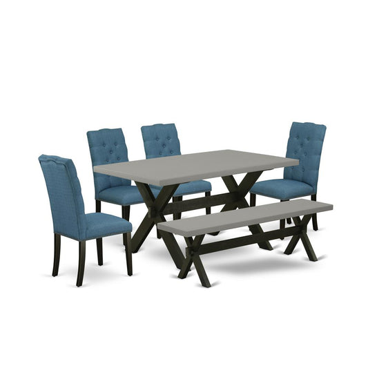 6-Piece Fashionable Dining Set An Outstanding Cement Color Rectangular Table Top And Cement Color Dining Bench And 4 Attractive Linen Fabric Kitchen Parson Chairs By East West Furniture | Dining Sets | Modishstore