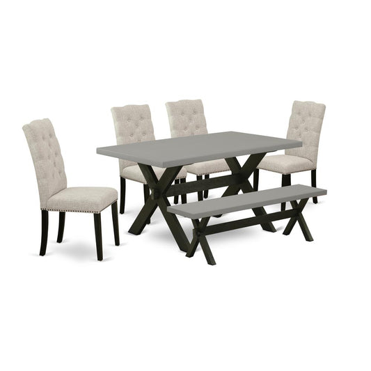 6-Pc Wood Dining Table Set-Doeskin Linen Fabric Seat And Button Tufted Chair Back Kitchen Chairs, A Rectangular Bench And Rectangular Top Dining Table By East West Furniture | Dining Sets | Modishstore