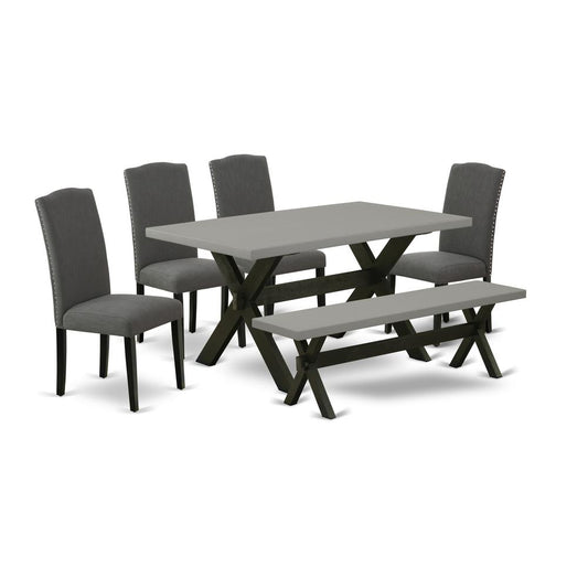 6-Pc Dining Table Set - 4 Dining Chairs, A Modern Bench Cement Top And 1 Modern Cement Dining Table Top - Wire Brushed Black Finish By East West Furniture | Dining Sets | Modishstore