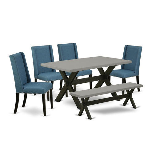 6-Pc Dining Room Table Set-Mineral Blue Linen Fabric Seat And High Stylish Chair Back Kitchen Chairs, A Rectangular Bench And Rectangular Top Dining Table By East West Furniture | Dining Sets | Modishstore