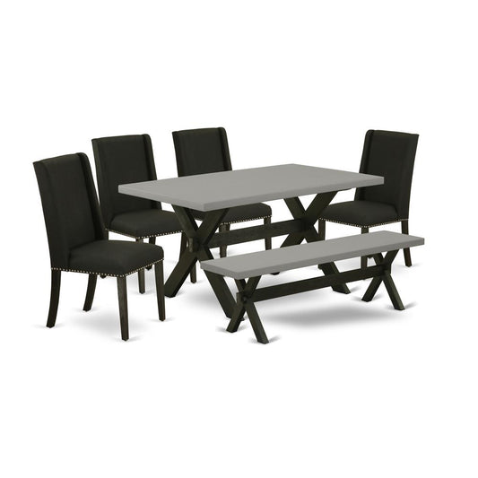 6-Pc Dining Table Set-Black Linen Fabric Seat And Button Tufted Chair Back Kitchen Chairs, A Rectangular Bench And Rectangular Top Dining Room Table By East West Furniture | Dining Sets | Modishstore
