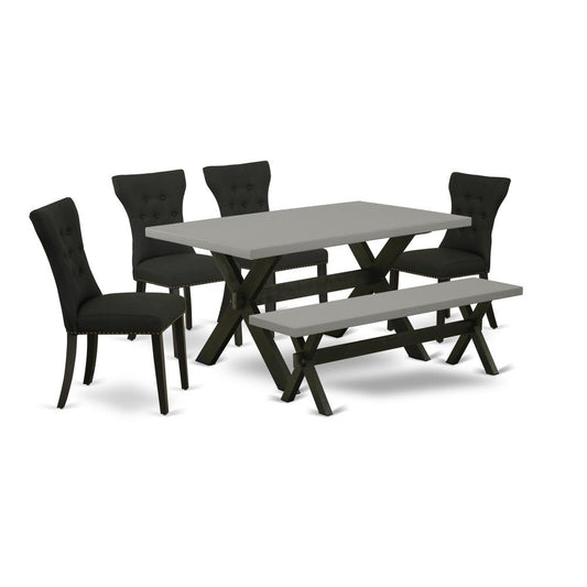 6-Pc Dining Table Set - 4 Dining Chairs, A Dining Bench Cement Top And 1 Modern Cement Dining Table Top - Wire Brushed Black Finish By East West Furniture | Dining Sets | Modishstore