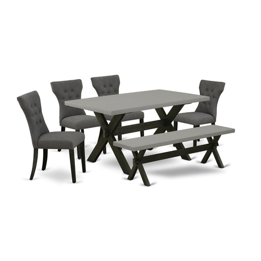 6-Piece Dining Room Table Set-Dark Gotham Grey Linen Fabric Seat And Button Tufted Chair Back Dining Chairs, A Rectangular Bench And Rectangular Top Mid Century Dining Table By East West Furniture | Dining Sets | Modishstore