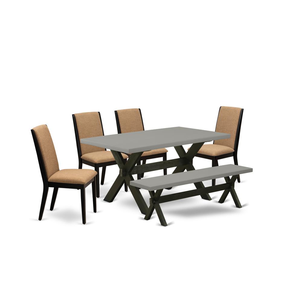 6-Piece Stylish Dining Table Set An Excellent Cement Color Dining Table Top And Cement Color Dining Room Bench And 4 Excellent Linen Fabric Kitchen Parson Chairs By East West Furniture | Dining Sets | Modishstore