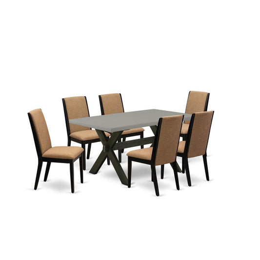 7-Piece Beautiful Dining Room Set A Superb Cement Color Kitchen Rectangular Table Top And 6 Gorgeous Linen Fabric Parson Chairs By East West Furniture | Dining Sets | Modishstore