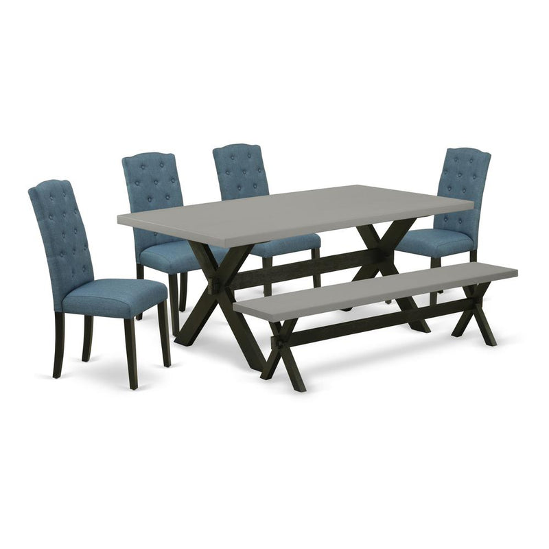 6-Pc Dining Room Table Set - 4 Dining Padded Chairs, A Kitchen Bench Cement Top And 1 Modern Cement Breakfast Table Top - Wire Brushed Black Finish By East West Furniture | Dining Sets | Modishstore