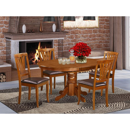 5 Pc Set Avon Table Featuring Leaf And 4 Leather Kitchen Chairs In Saddle Brown By East West Furniture | Dining Sets | Modishstore
