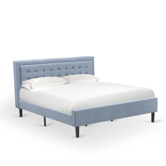 Platform King Bed Frame - Denim Blue Linen Fabric Upholestered Bed Headboard By East West Furniture | Beds | Modishstore