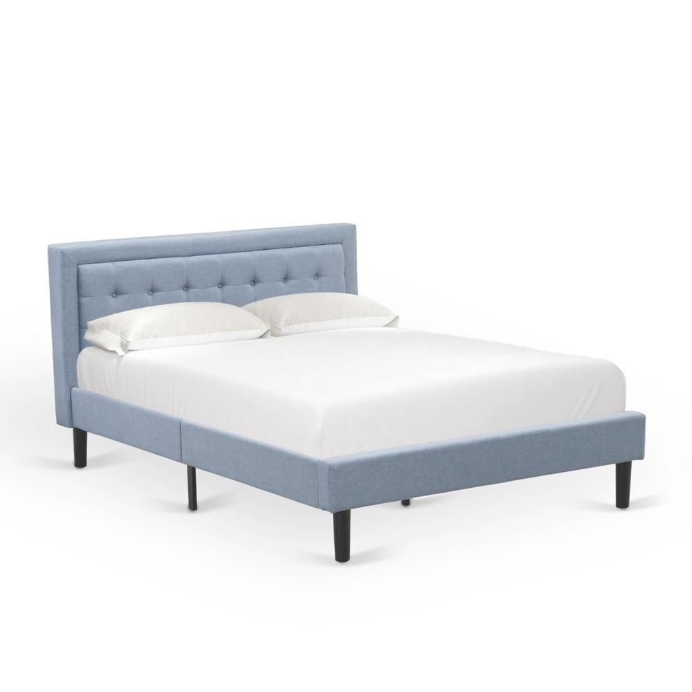 Platform Queen Size Bed - Denim Blue Linen Fabric Upholestered Bed Headboard By East West Furniture | Beds | Modishstore