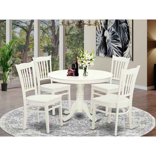 5 Pc Set With A Round Kitchen Table And 4 Wood Dinette Chairs In Linen White By East West Furniture | Dining Sets | Modishstore