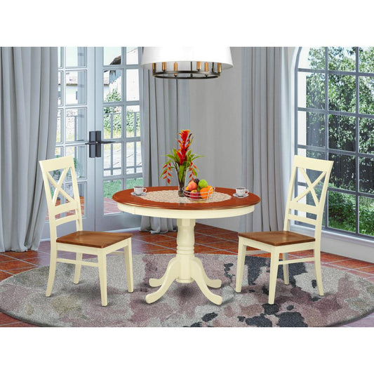 3 Pc Set With A Round Small Table And 2 Leather Kitchen Chairs In Buttermilk And Cherry . By East West Furniture - Hlqu3-Bmk-W | Dining Sets | Modishstore