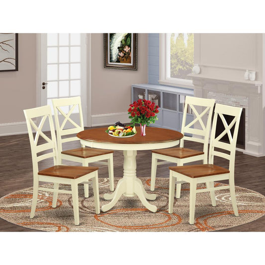 5 Pc Set With A Round Table And 4 Leather Kitchen Chairs In Buttermilk And Cherry . By East West Furniture - Hlqu5-Bmk-W | Dining Sets | Modishstore