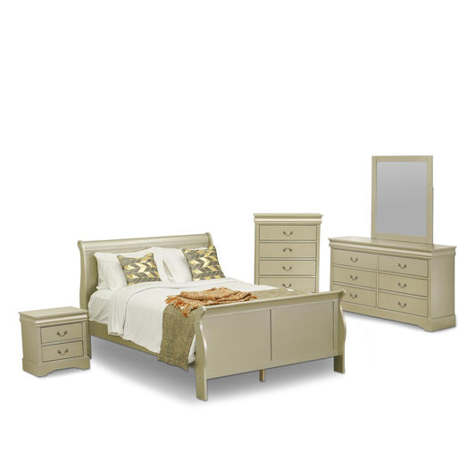 Louis Philippe 5 Piece Queen Size Bedroom Set In Metallic Gold Finish And Dining Tables By East West Furniture | Bedroom Sets | Modishstore