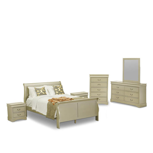 Louis Philippe 6 Piece Queen Size Bedroom Set In Metallic Gold Finish By East West Furniture | Bedroom Sets | Modishstore