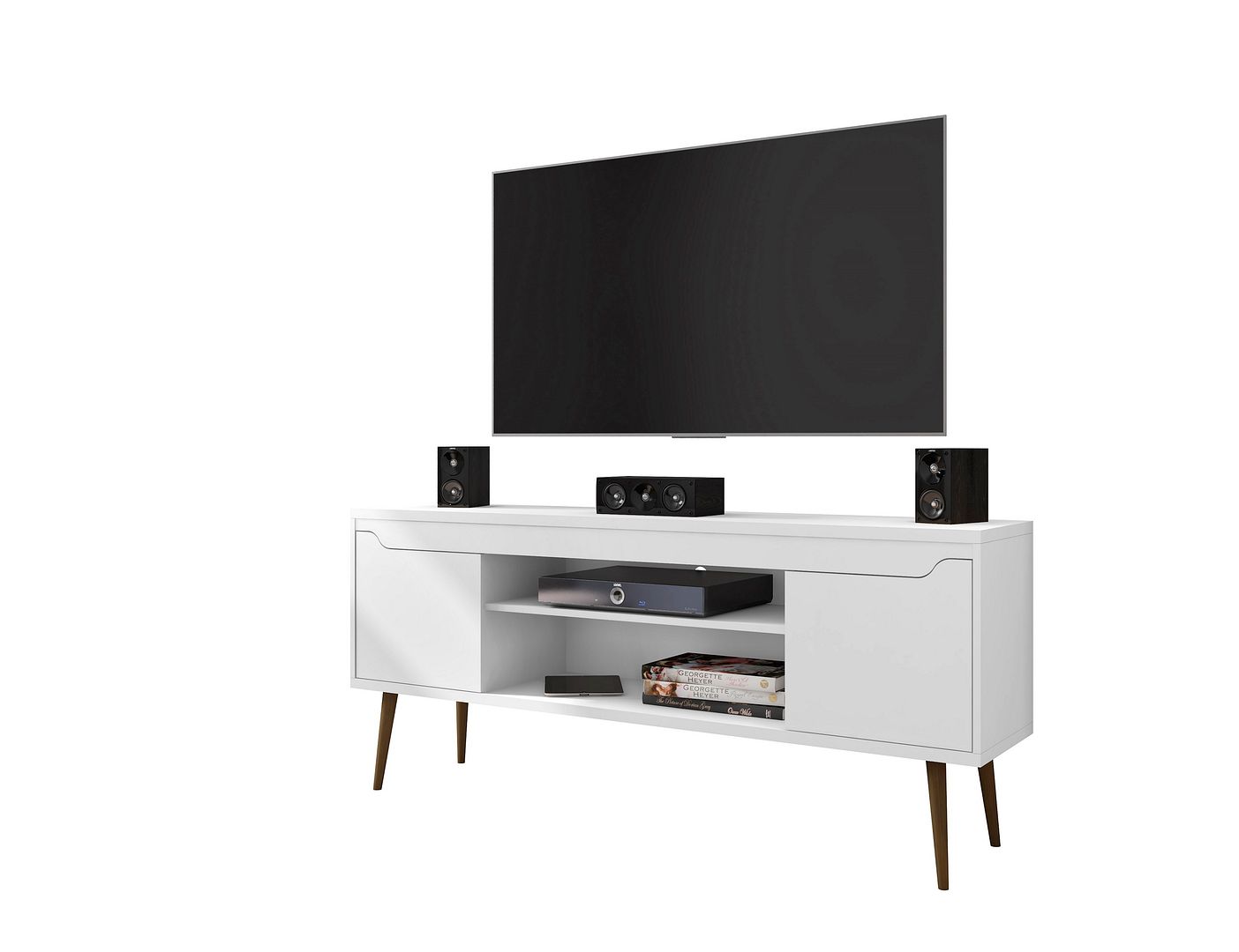 Manhattan Comfort Bradley 62.99 TV Stand White  with 2 Media Shelves and 2 Storage Shelves in White  with Solid Wood Legs | TV Stands | Modishstore-2