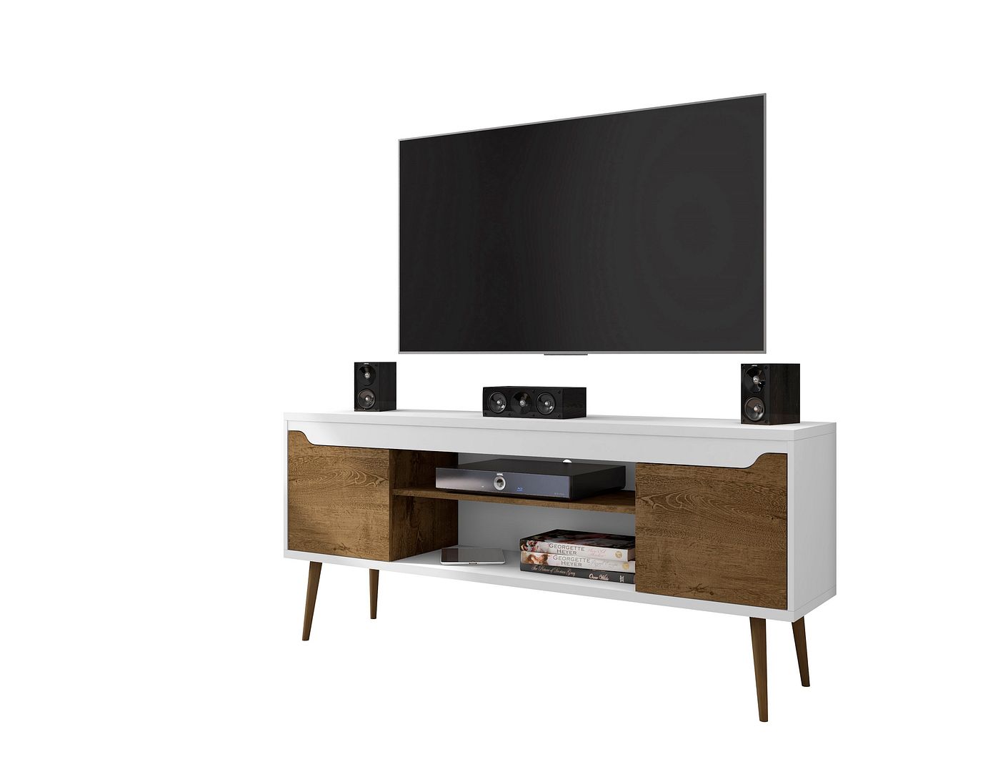 Manhattan Comfort Bradley 62.99 TV Stand White and Rustic Brown with 2 Media Shelves and 2 Storage Shelves in White and Rustic Brown with Solid Wood Legs | TV Stands | Modishstore-2