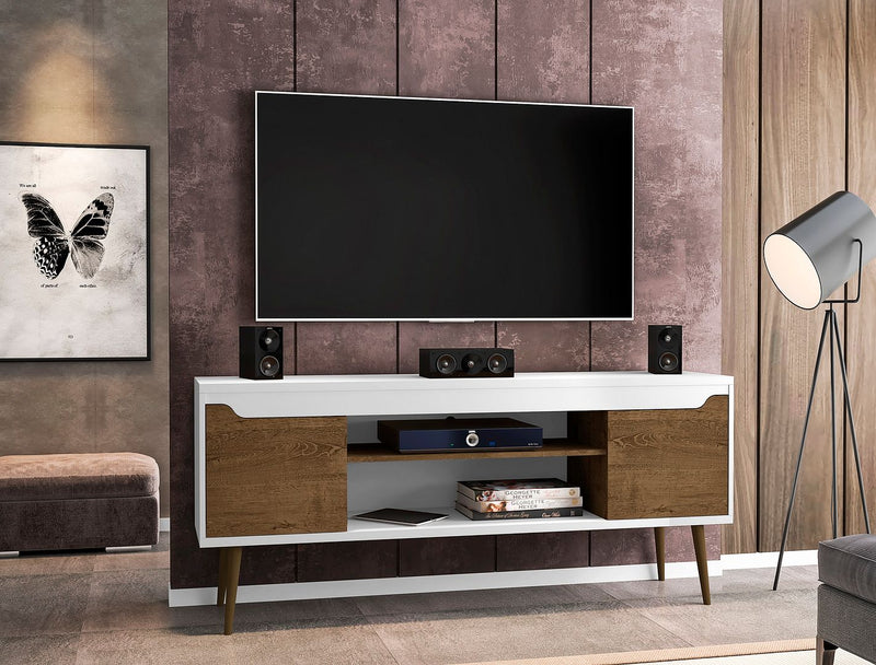 Manhattan Comfort Bradley 62.99 TV Stand White and Rustic Brown with 2 Media Shelves and 2 Storage Shelves in White and Rustic Brown with Solid Wood Legs | TV Stands | Modishstore