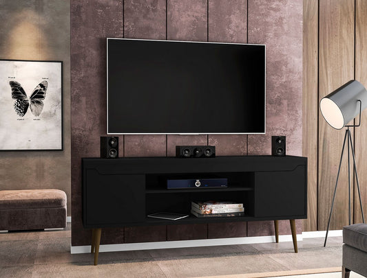 Manhattan Comfort Bradley 62.99 TV Stand Black  with 2 Media Shelves and 2 Storage Shelves in Black  with Solid Wood Legs | TV Stands | Modishstore