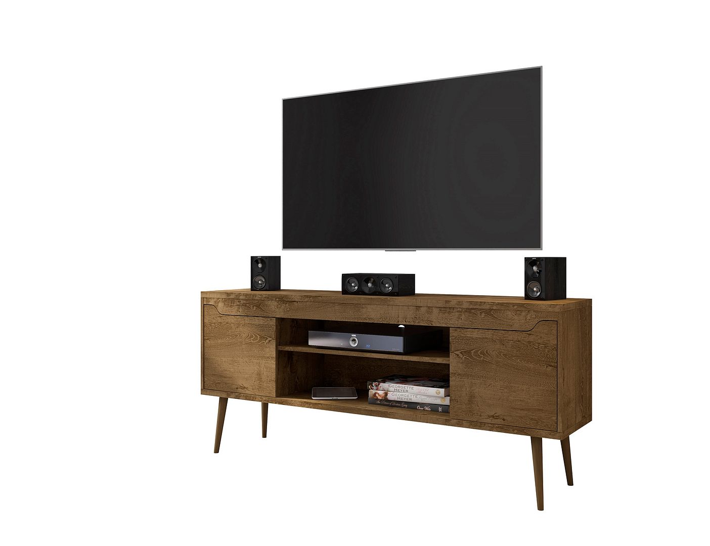 Manhattan Comfort Bradley 62.99 TV Stand Rustic Brown with 2 Media Shelves and 2 Storage Shelves in Rustic Brown with Solid Wood Legs | TV Stands | Modishstore-2