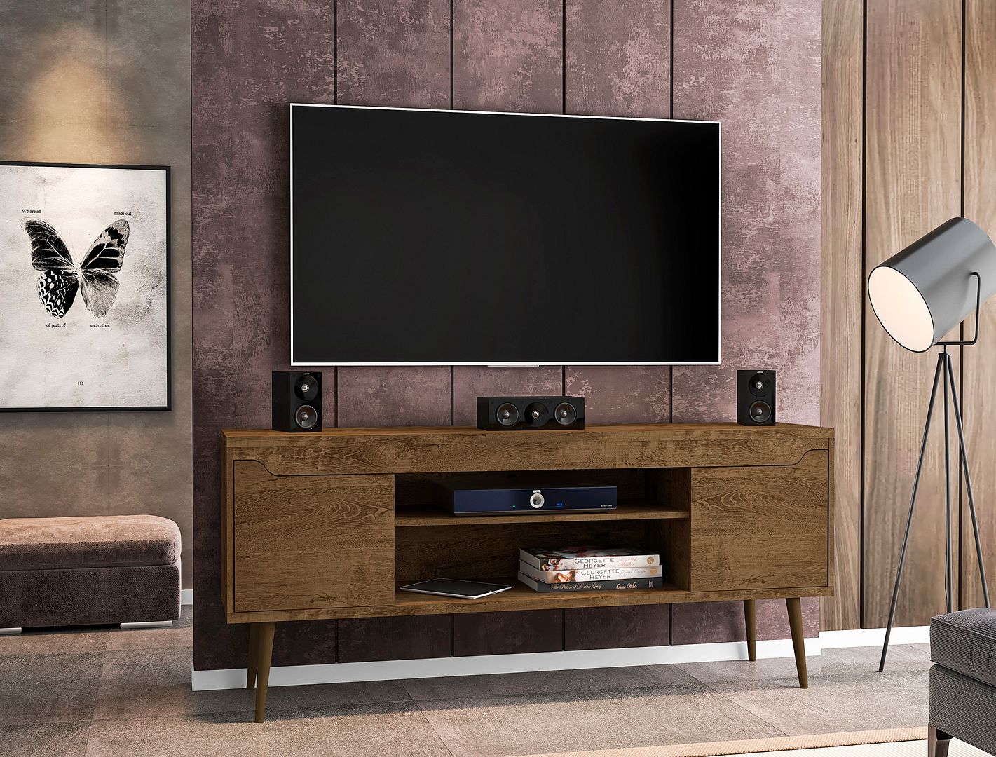 Manhattan Comfort Bradley 62.99 TV Stand Rustic Brown with 2 Media Shelves and 2 Storage Shelves in Rustic Brown with Solid Wood Legs | TV Stands | Modishstore