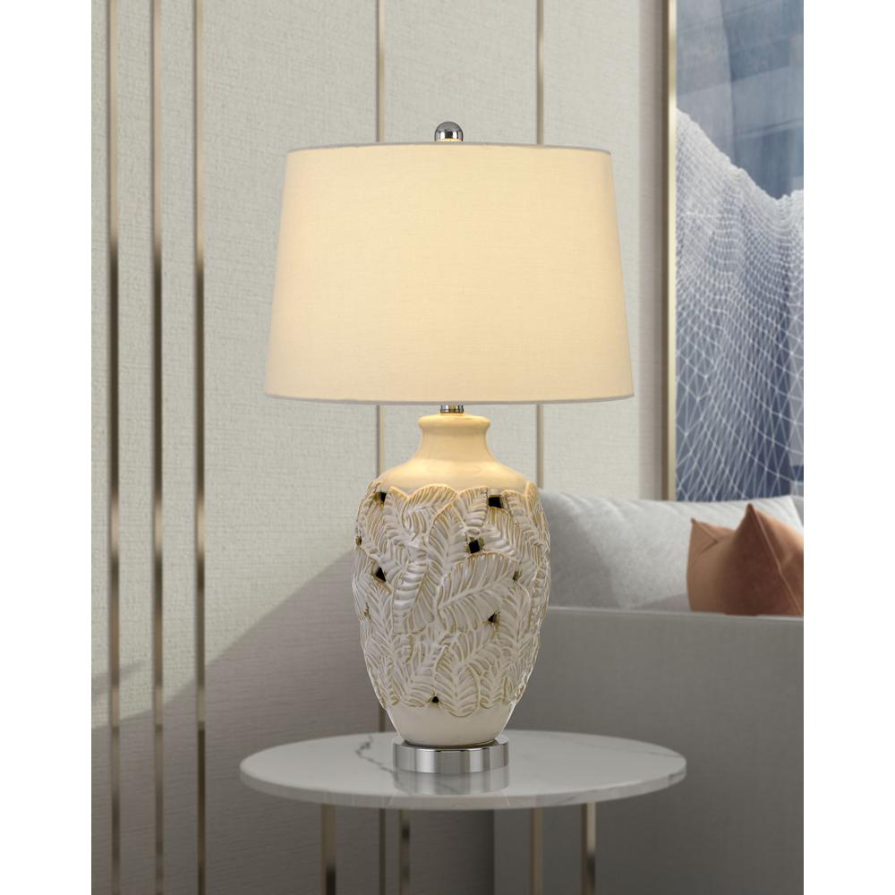 150W Leland Creamic Table Lamp With Leaf Design And Taper Drum Hardback Fabric Shade By Cal Lighting | Table Lamps | Moidshstore - 2