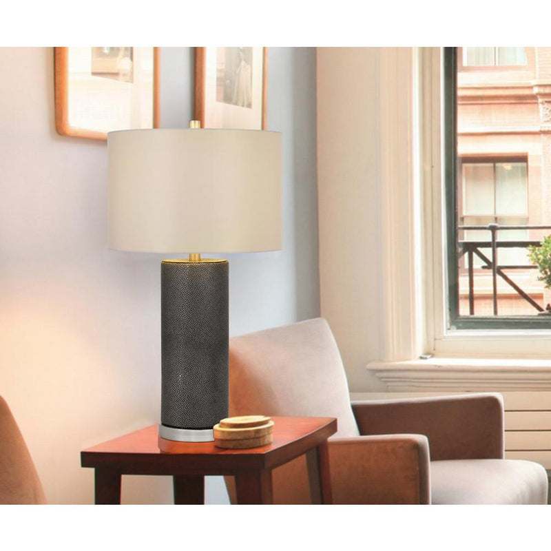 150W 3 Way Graham Ceramic Table Lamp With Hardback Drum Fabric Shade, Black Leathrette By Cal Lighting | Table Lamps | Moidshstore