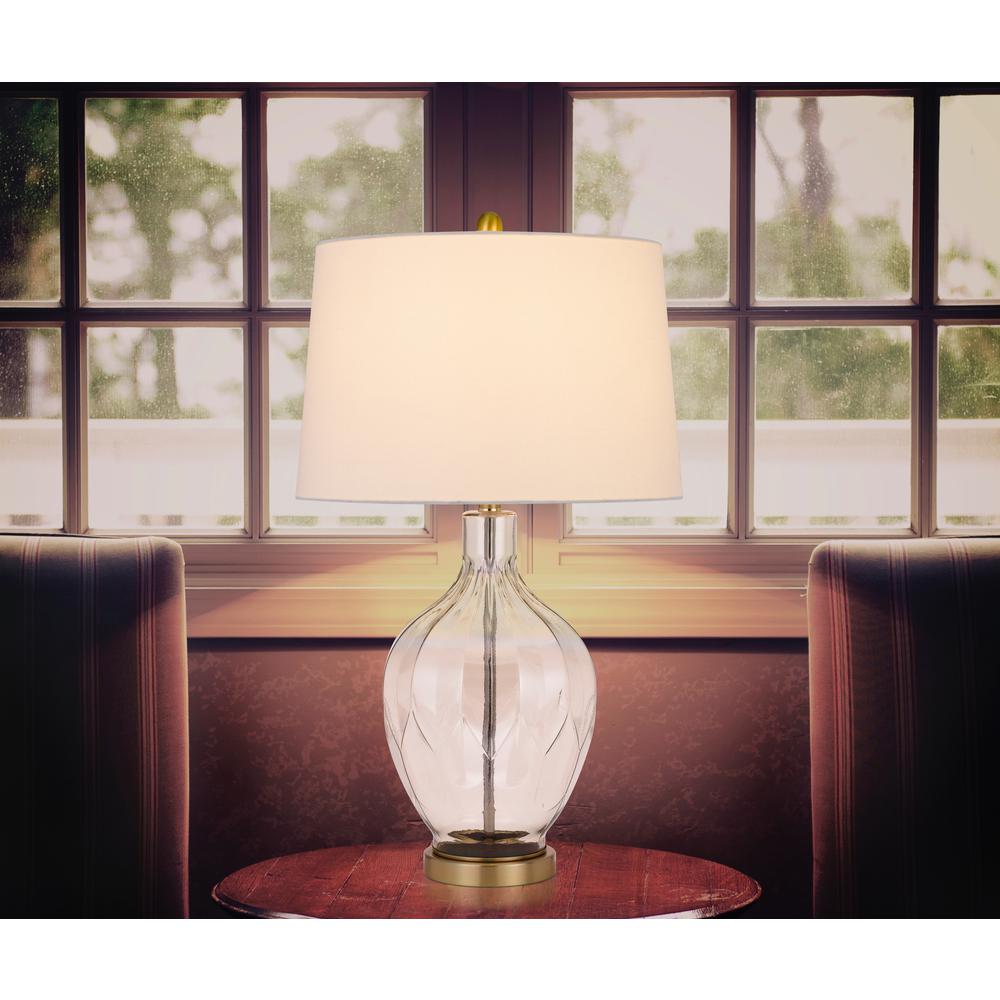 150W 3 Way Bancroft Glass Table Lamp With Hardback Taper Drum Fabric Shade, Clear/Antique Brass By Cal Lighting | Table Lamps | Moidshstore